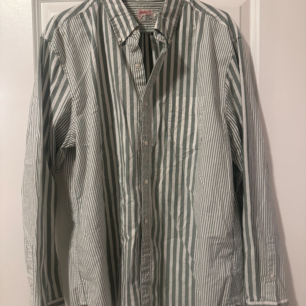 J. Crew Men's Green and White Striped Shirt